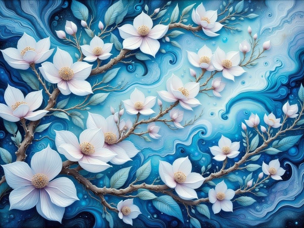 Ethereal Dogwood Branch in Baroque-Inspired Splendor