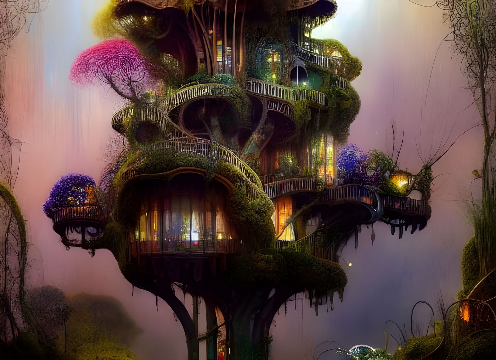 Dr Seuss treehouse overgrown with exotic flowers