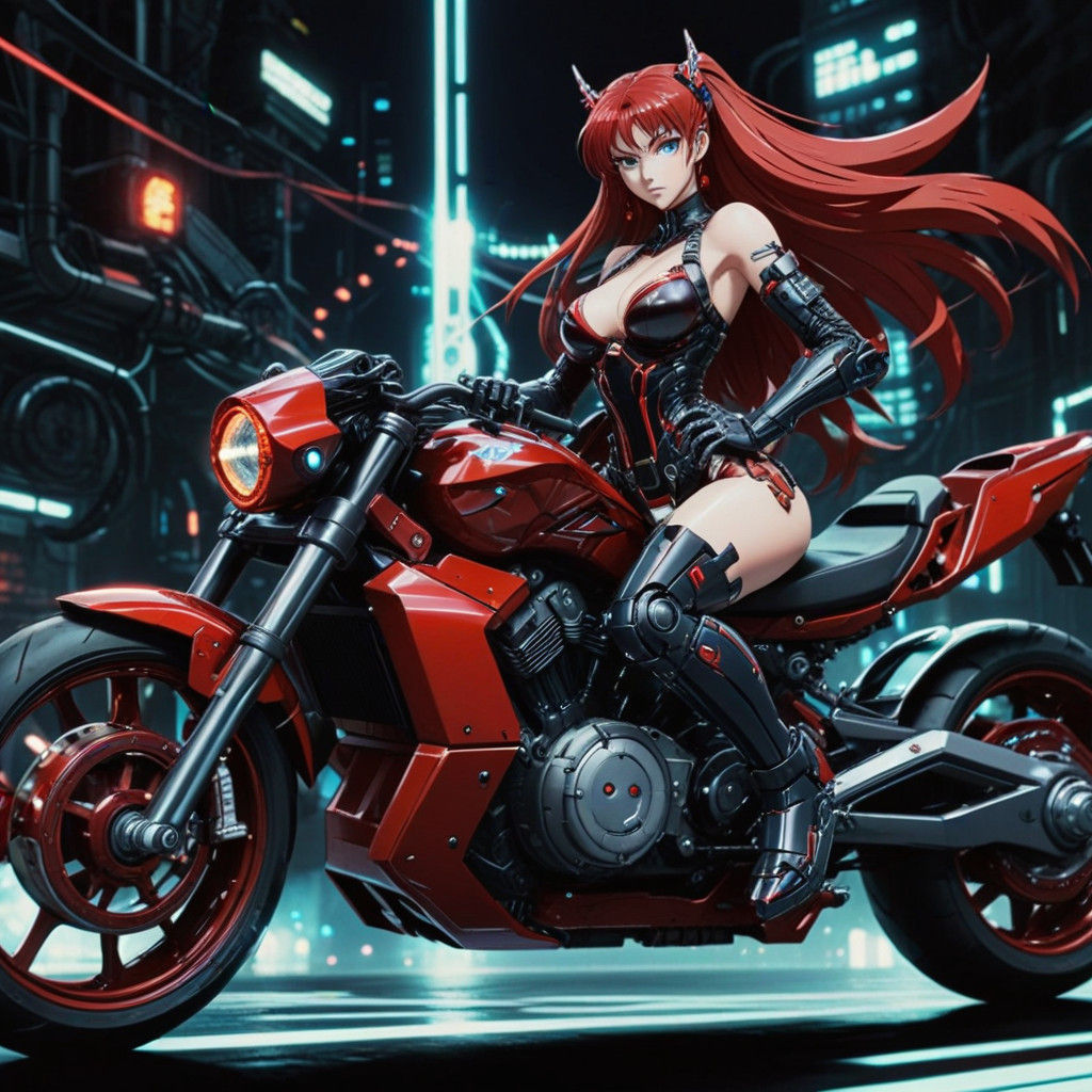 Cyberpunk Anime Goddess Rides Futuristic Motorcycle