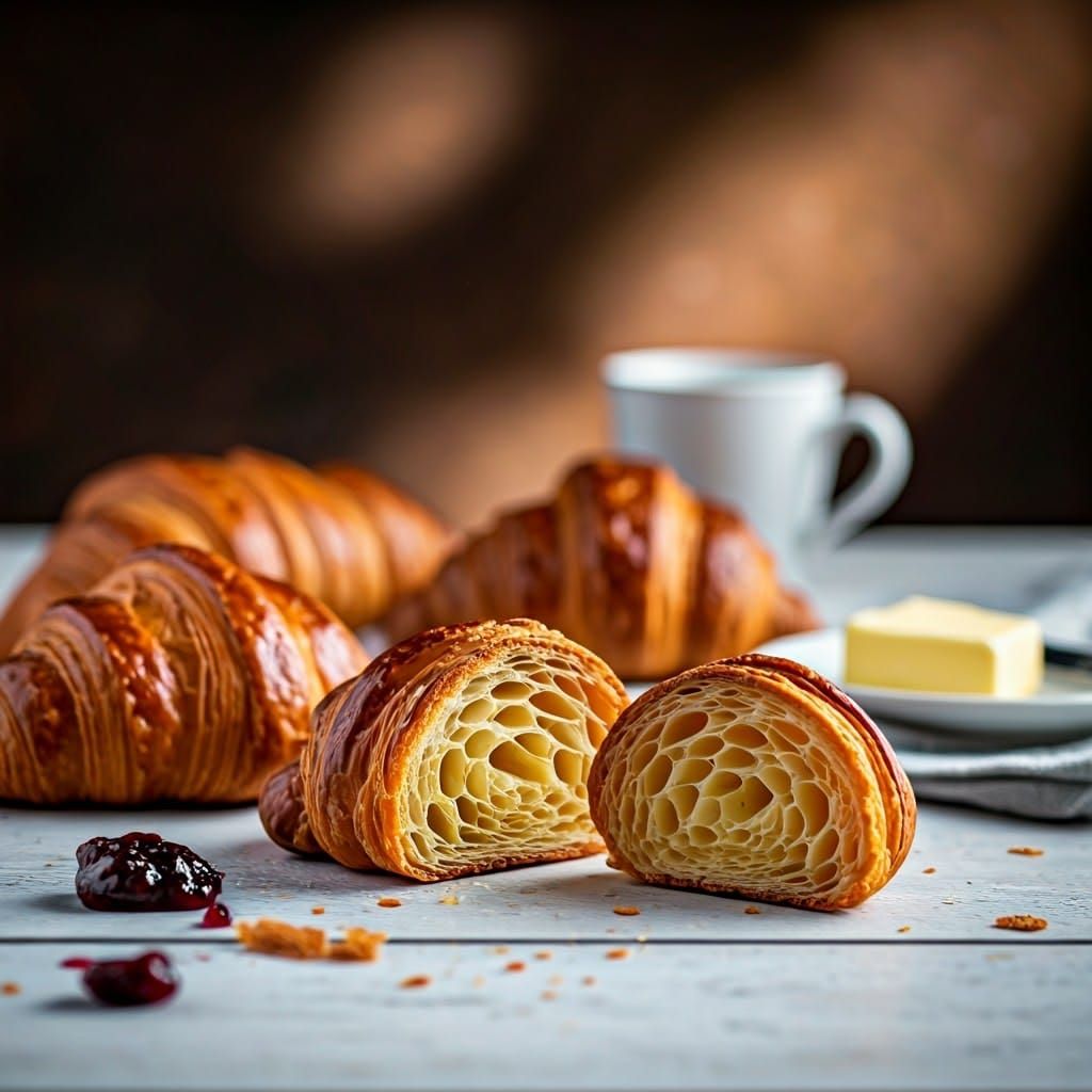 Freshly Baked Croissants on Rustic Wooden Table
