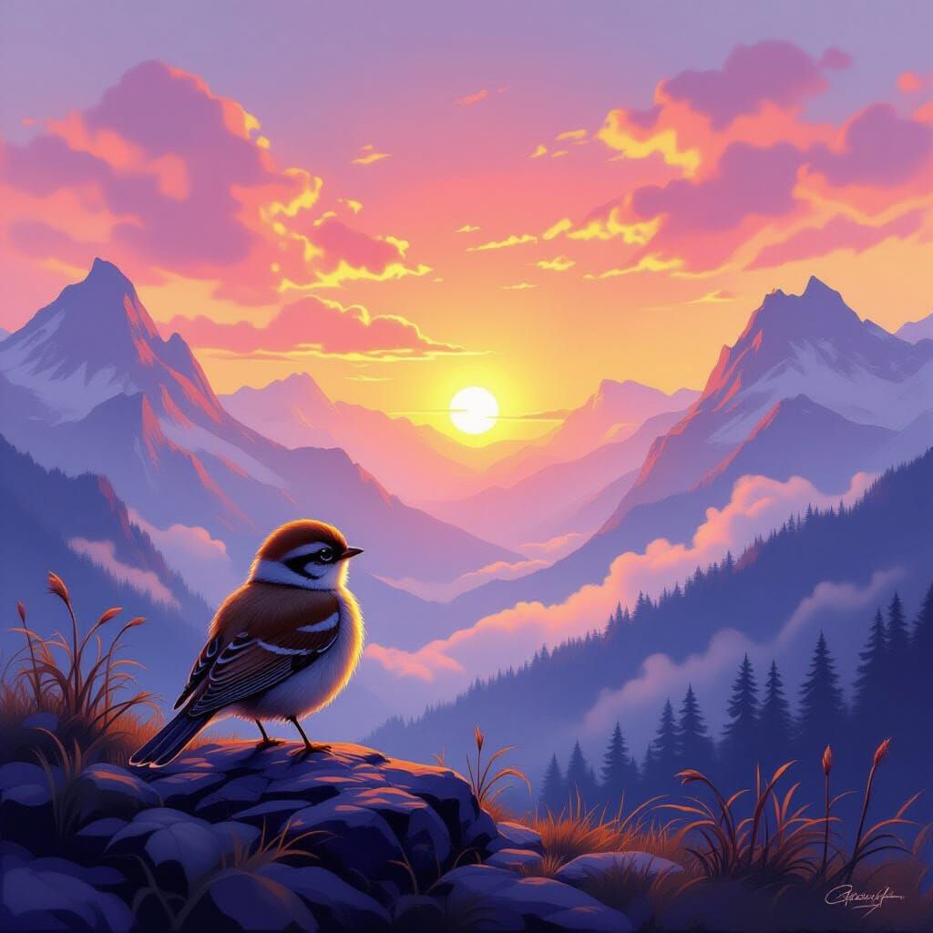 Hopeful Bird Greets Sunrise Over Misty Mountains