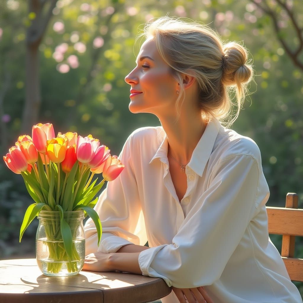Serene Woman Enjoys Spring Day with Tulips