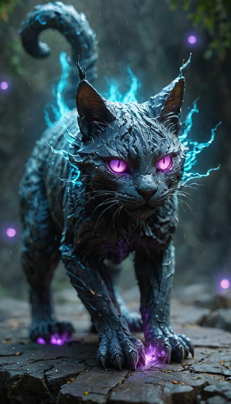 Dark Fantasy Stone Cat Sculpture with Glowing Eyes