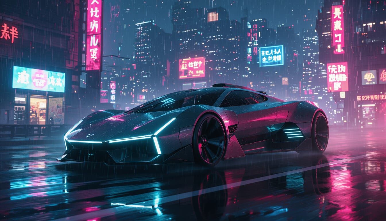 Futuristic Cyberpunk Vehicle in Neon Cityscape