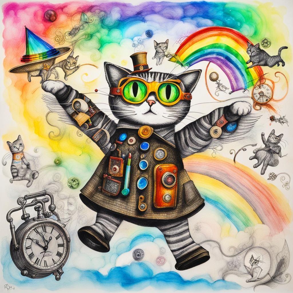 Steampunk Cats Flying: Surreal Crayon Rayograph