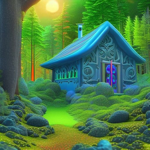 Magical Cottage in Mystic Forest: Holographic Illustration