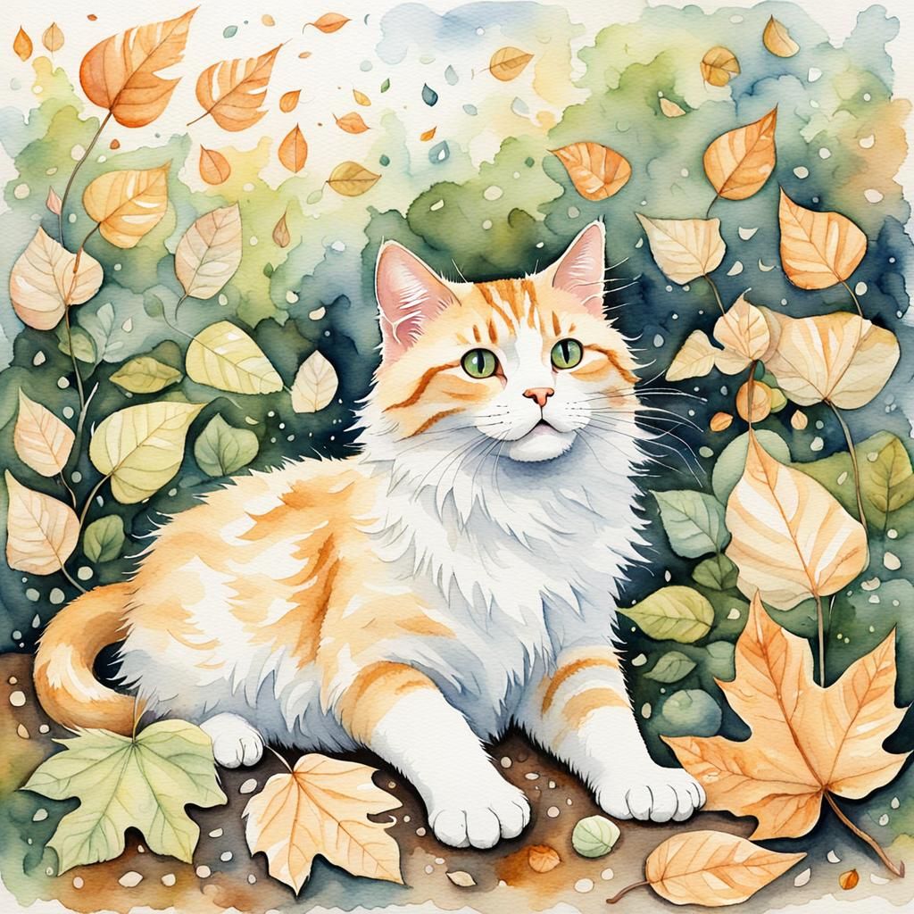 Whimsical Watercolor Cat Playing in Autumn Garden