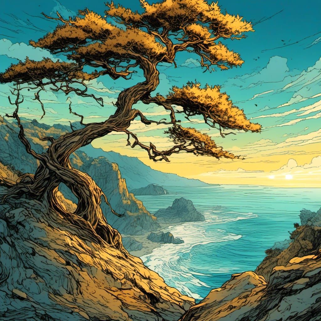 Anime Cyprus Tree Overlooking Misty Ocean