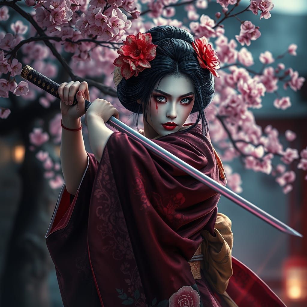 Evil Geisha Drawing Sword Amidst Night Cherry Blossoms