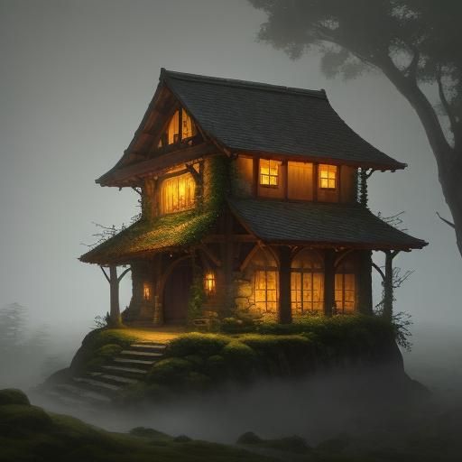 Ancient Inn Beside Misty Forest in Watercolor Style