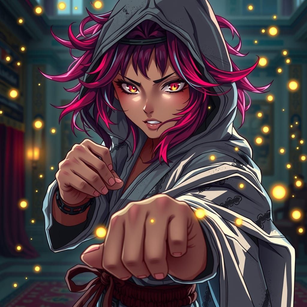 Anime Beauty in Taekwondo Stance with Neon Hair and Heteroch...