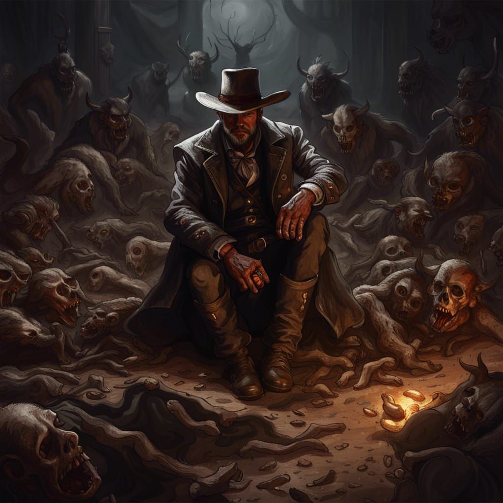 Wild West Outlaw Surrounded by Demons in Dark Fantasy