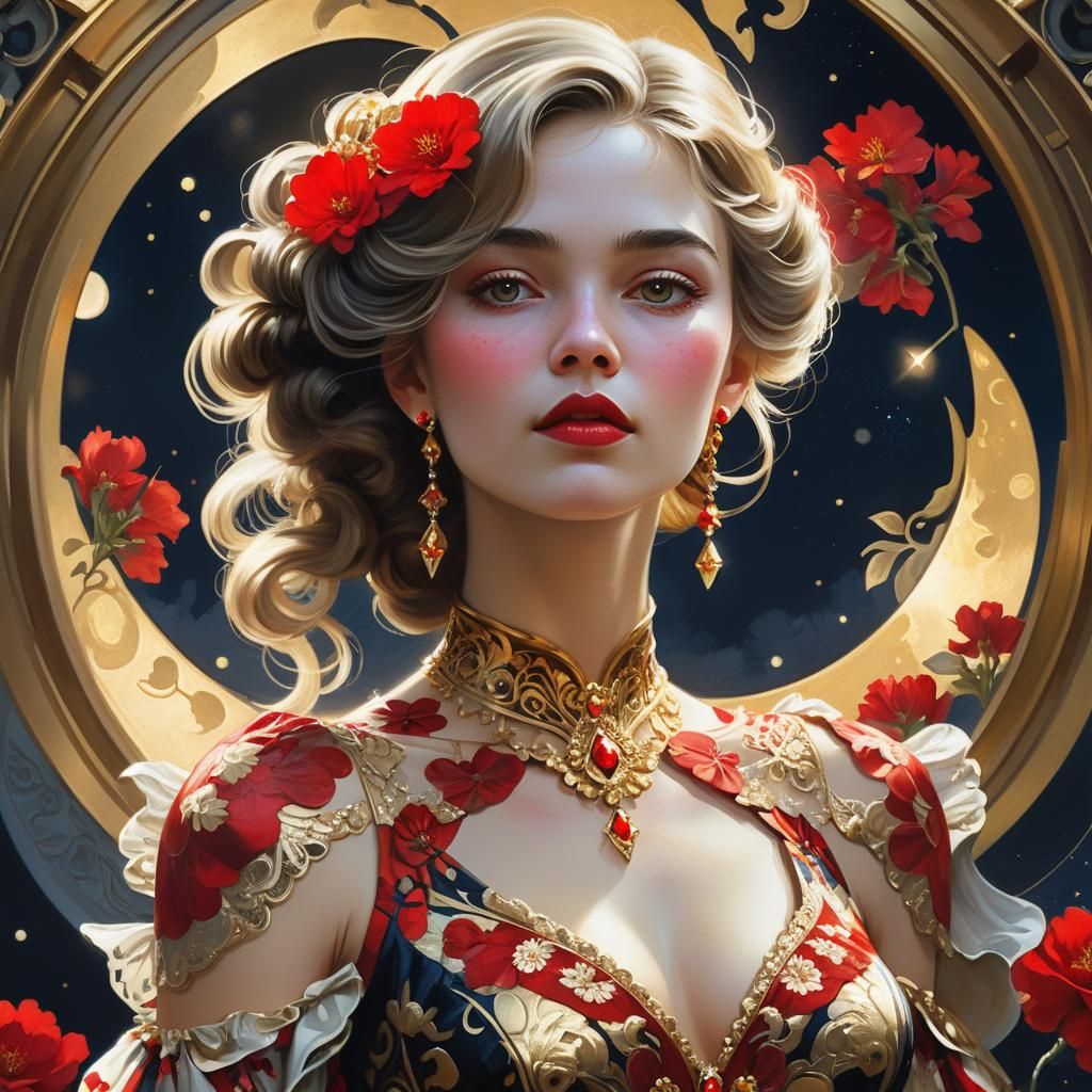 Moonlit Lady in Red: Baroque Art Nouveau Portrait