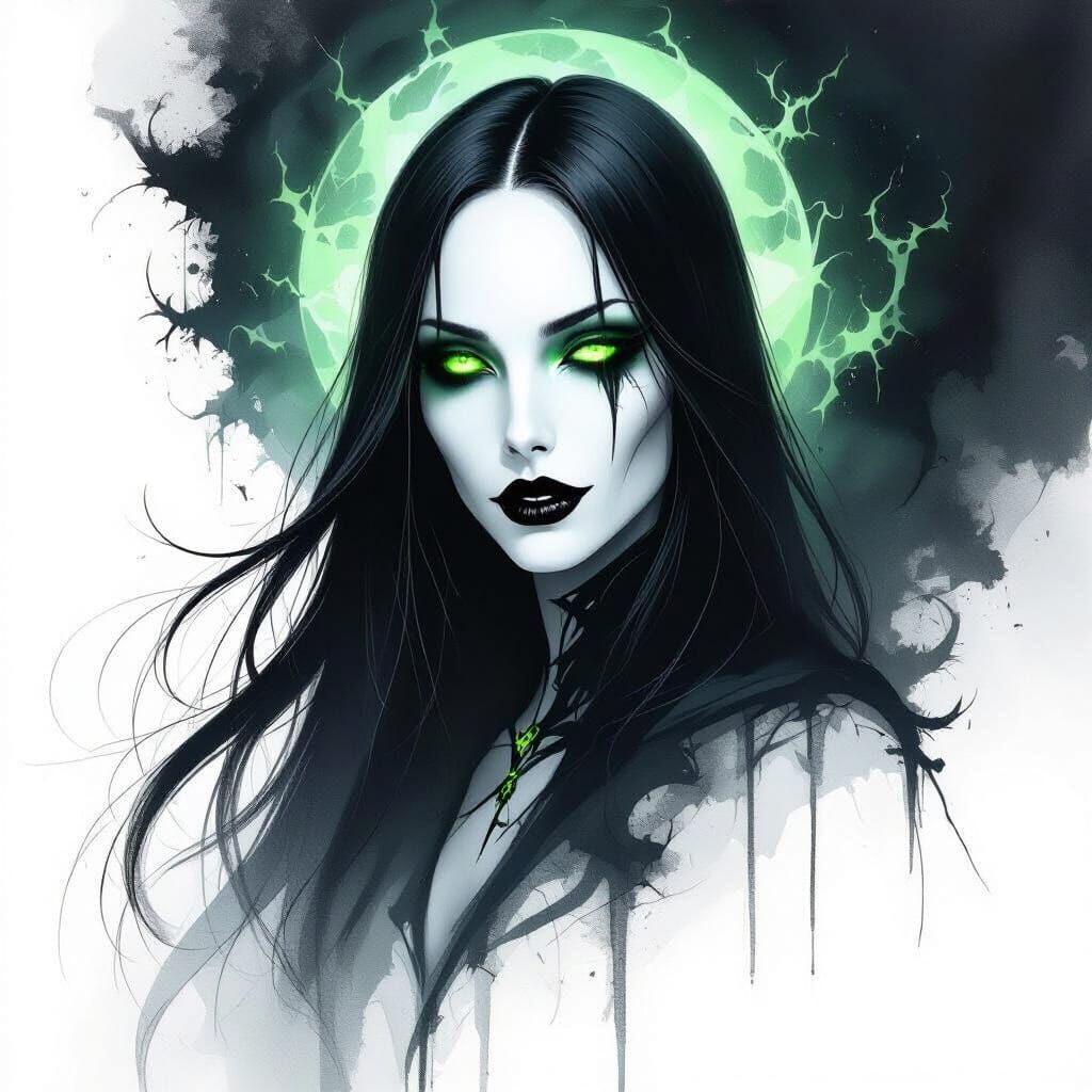 Ethereal Sorceress with Glowing Eyes and Dark Elegance