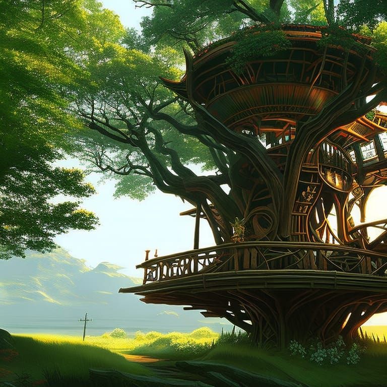 Ornate Treehouse with Magical Blossoms in Fantasy Style