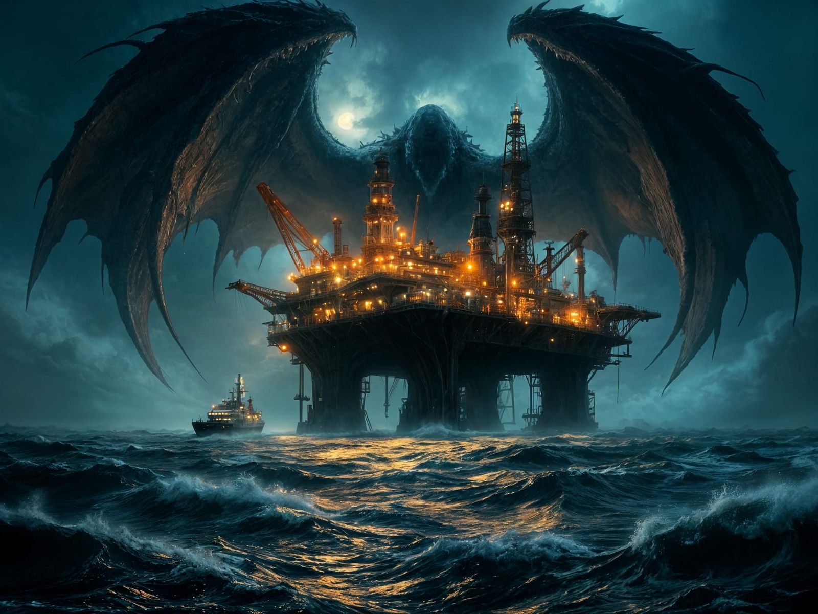 Cthulhu Looms Over Oil Rig: a Dark Horror Masterpiece