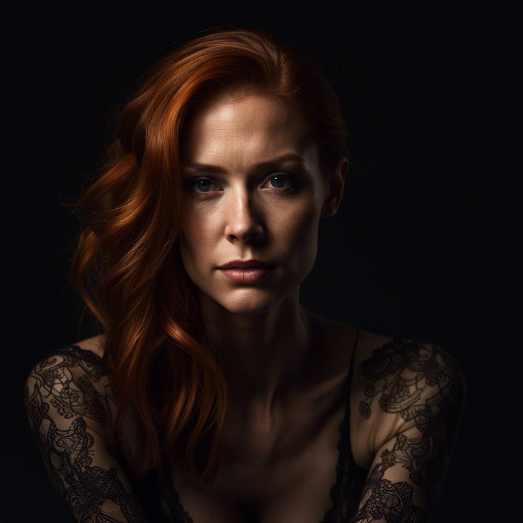 Redhead Model in Black Lace Bra: Hyperrealistic Splash Art