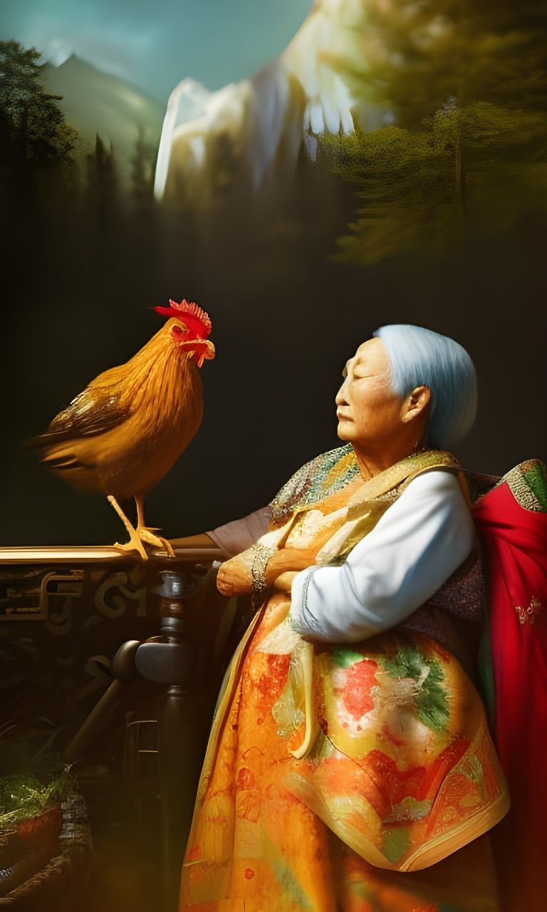 Old Woman with Chicken: Psychedelic Airbrush Art