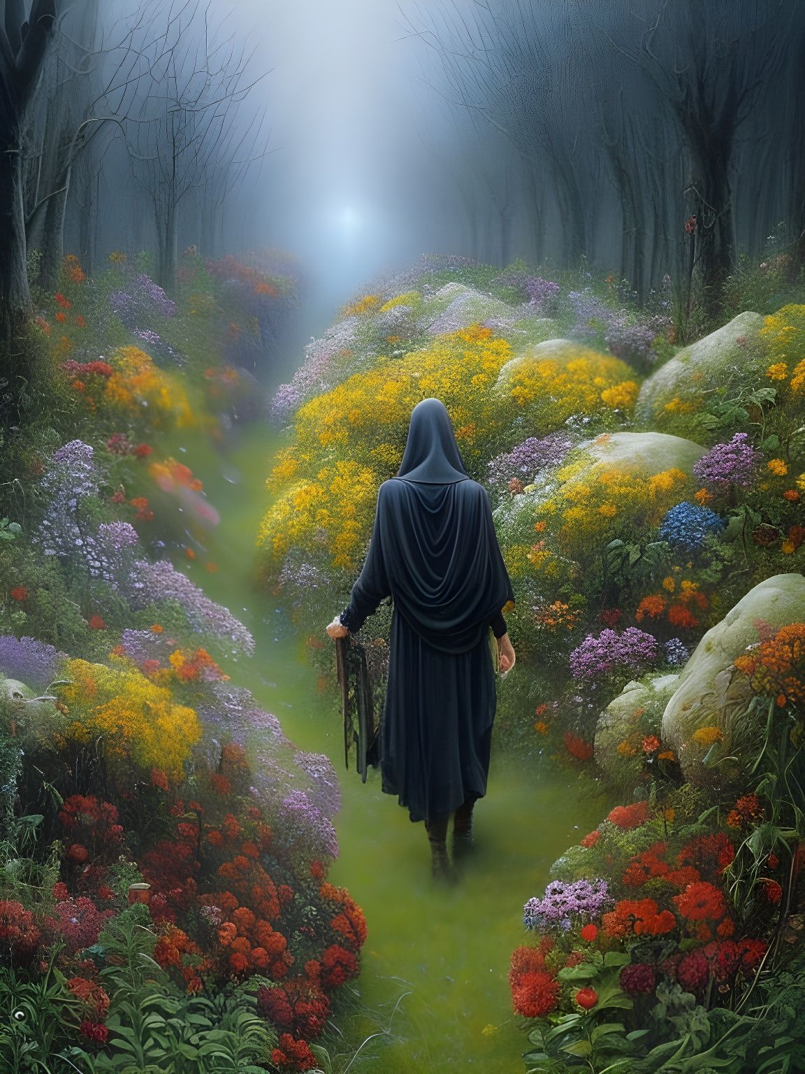 Ominous Grim Reaper in Misty Garden