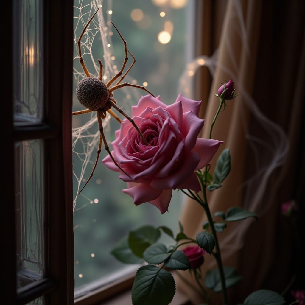 Spider with Rose Abdomen on Glowing Thread