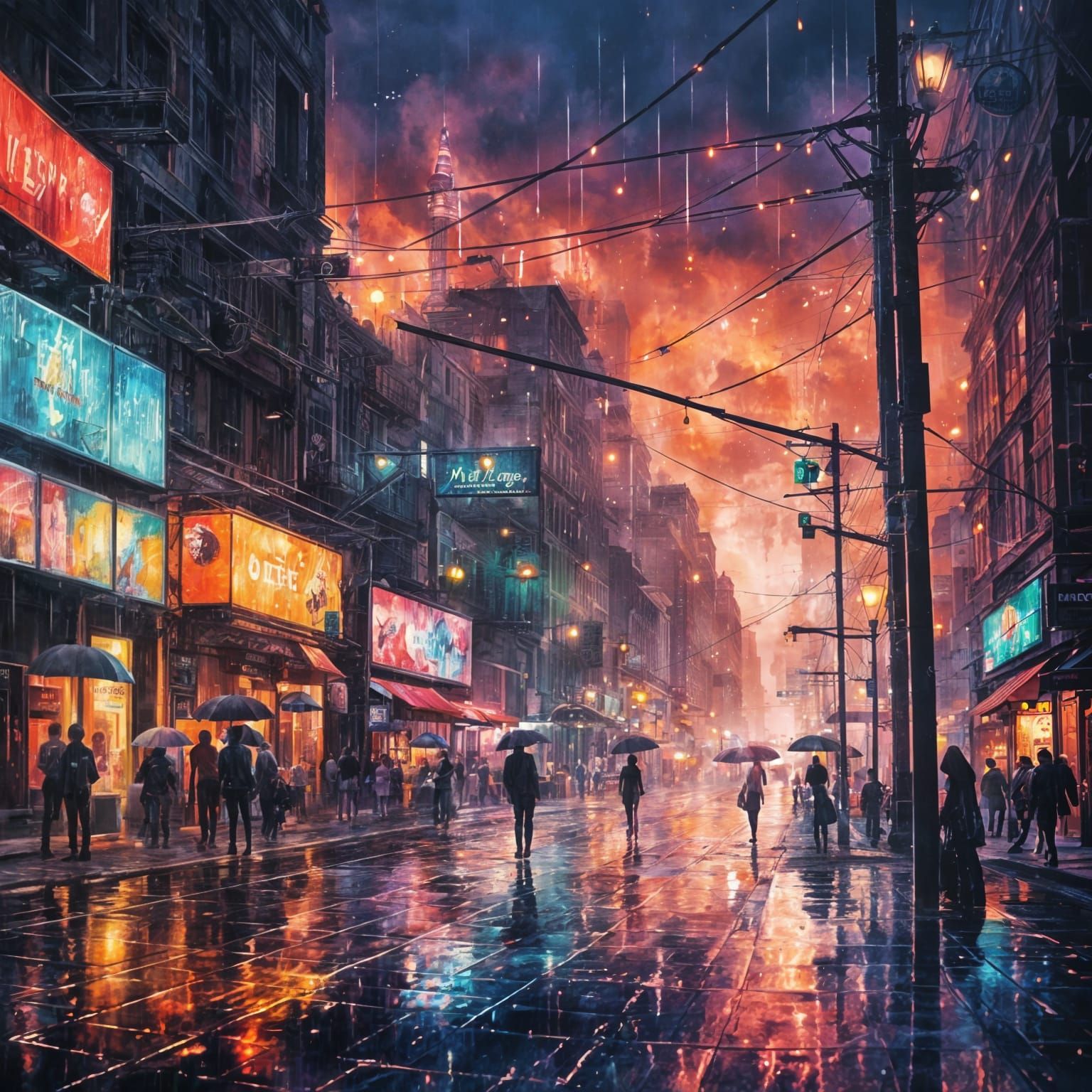 Rainy Night Downtown in Hyperrealistic Style
