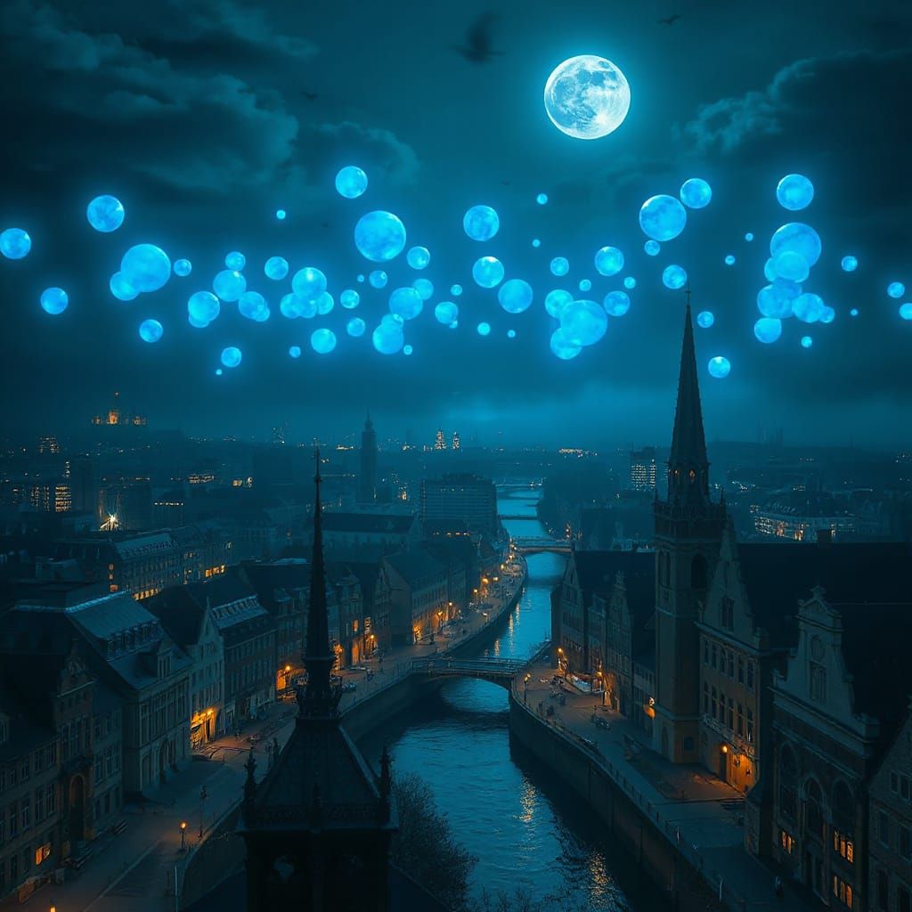 Glowing Blue Orbs Over Copenhagen At Night