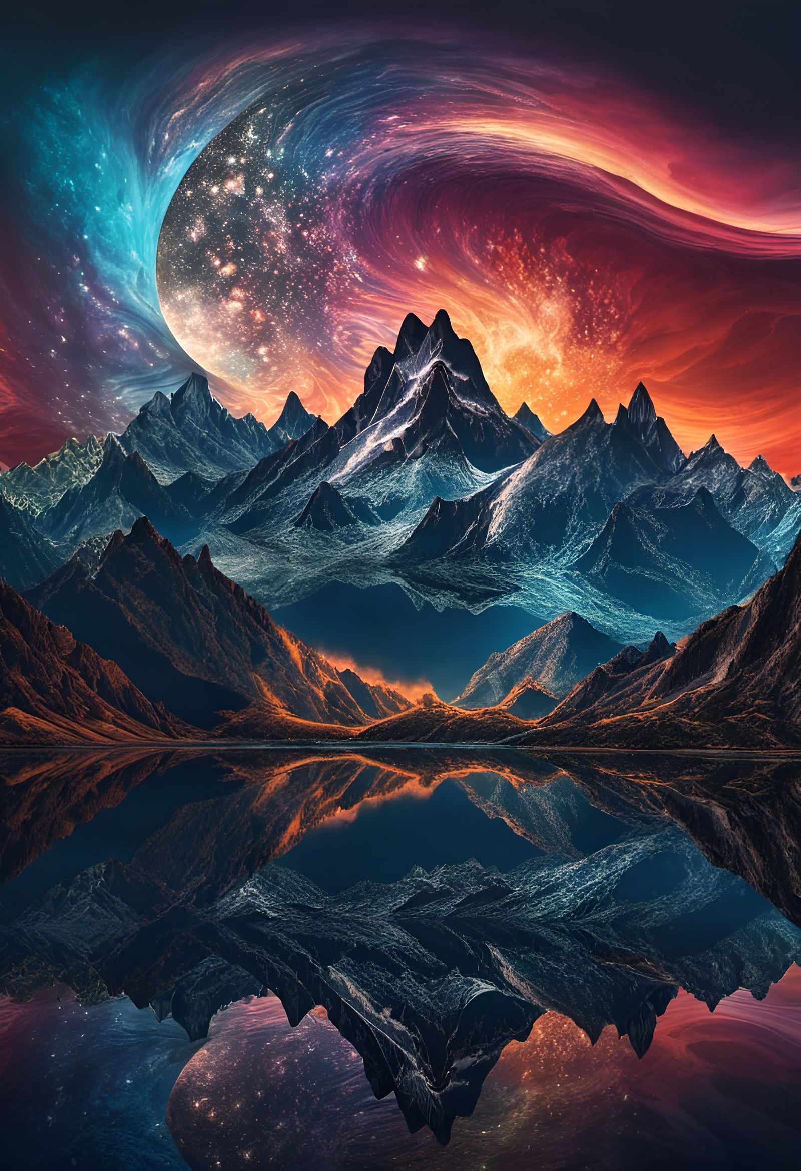 Surreal Night Sky Over Majestic Mountains