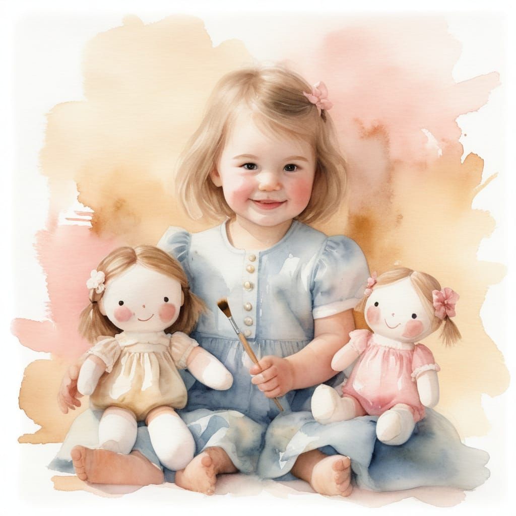 Whimsical Watercolor Portrait of a Happy Two-Year-Old Girl w...