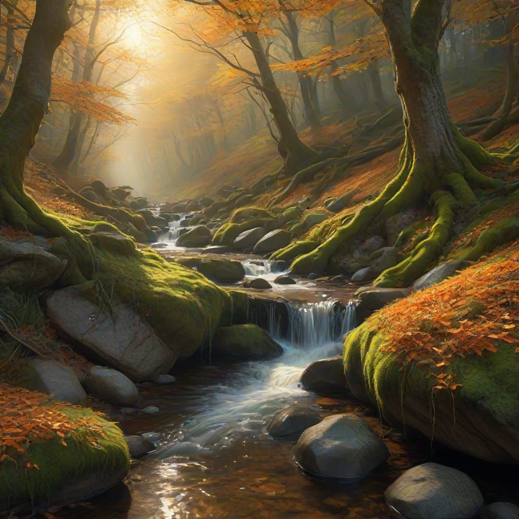 Golden Hour Forest Cascade Over Mossy Rocks