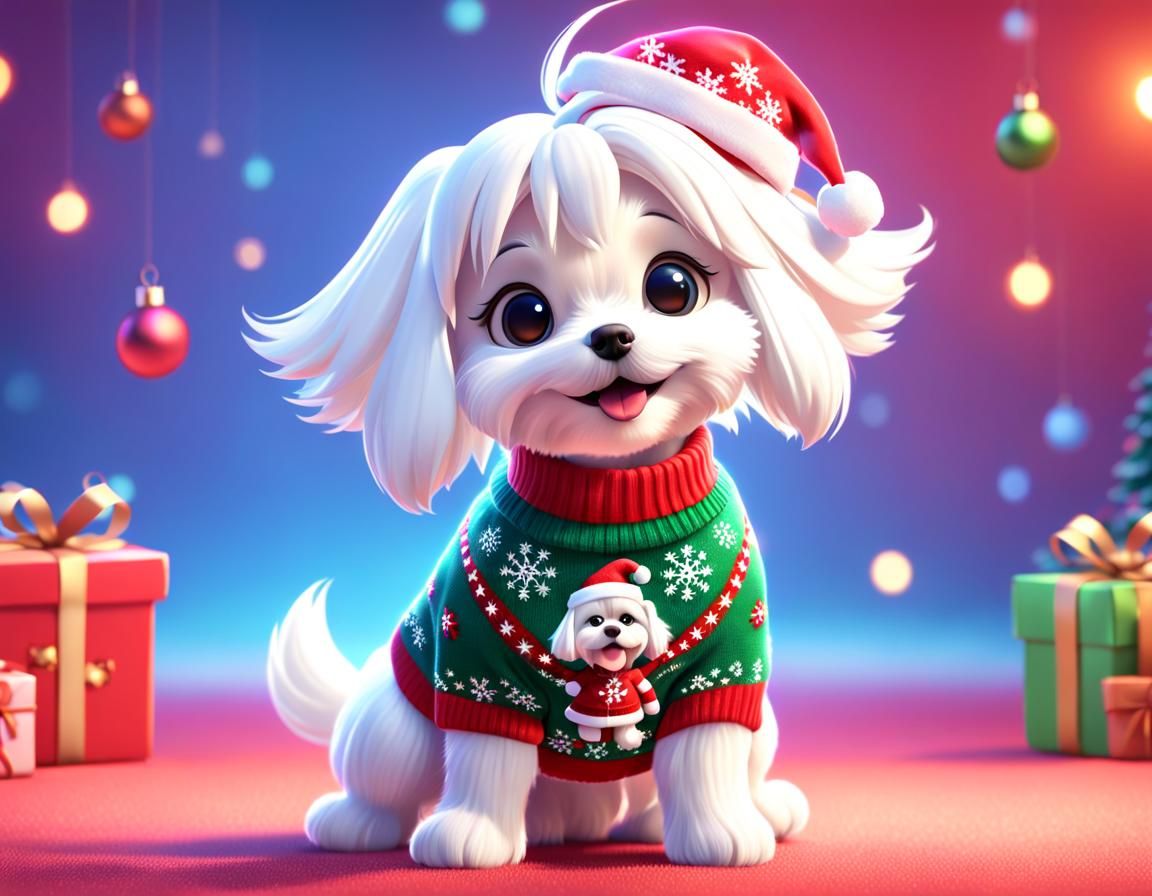 Festive Maltese in Christmas Sweater: 3D Digital Art