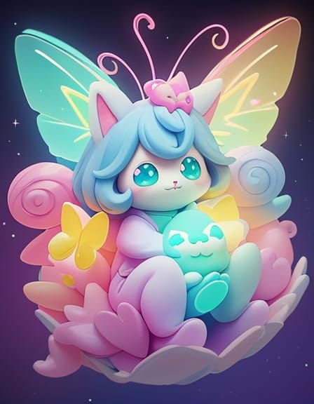 Whimsical Fantasy Creature with Fluffy Ears and Glowing Wing...