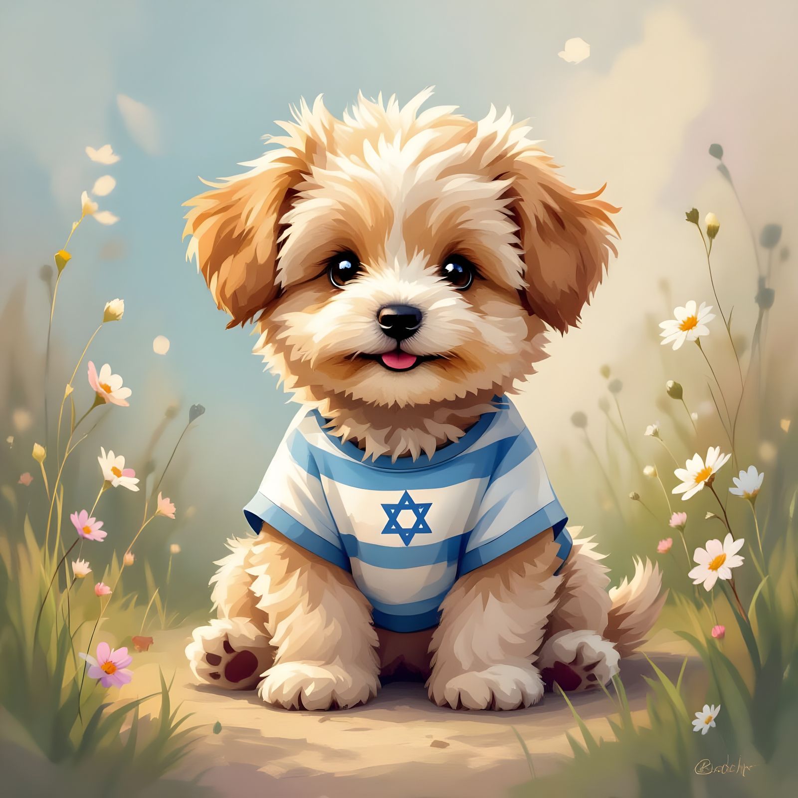 Fluffy Puppy in Israeli Flag Shirt, Whimsical Storybook Styl...