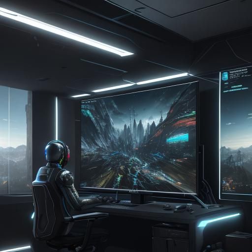 Futuristic Gaming Setup with Consoles in Sci-Fi Style
