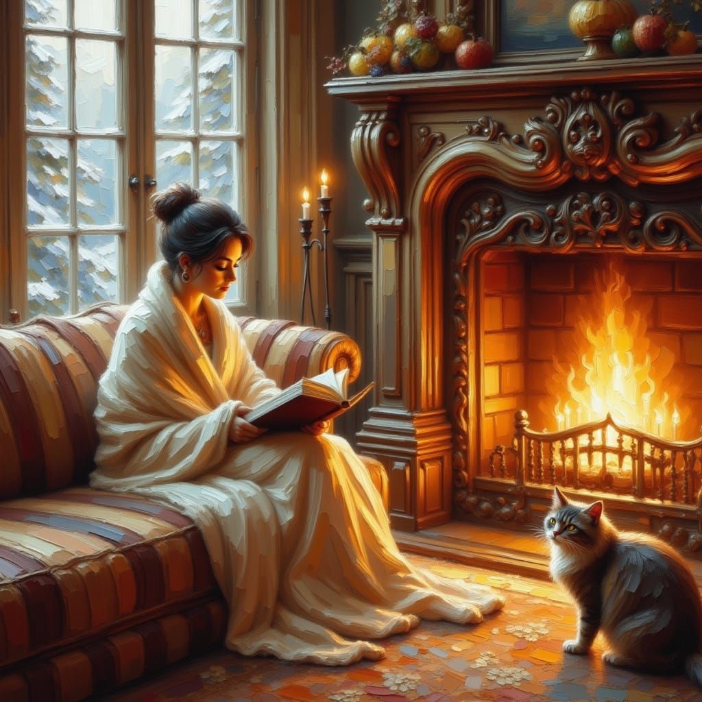 Cozy Reading Scene by Fireplace in Impasto Style