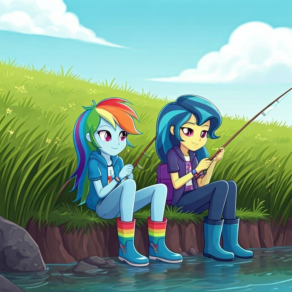 Girls with Rainbow Hair Fishing by a River