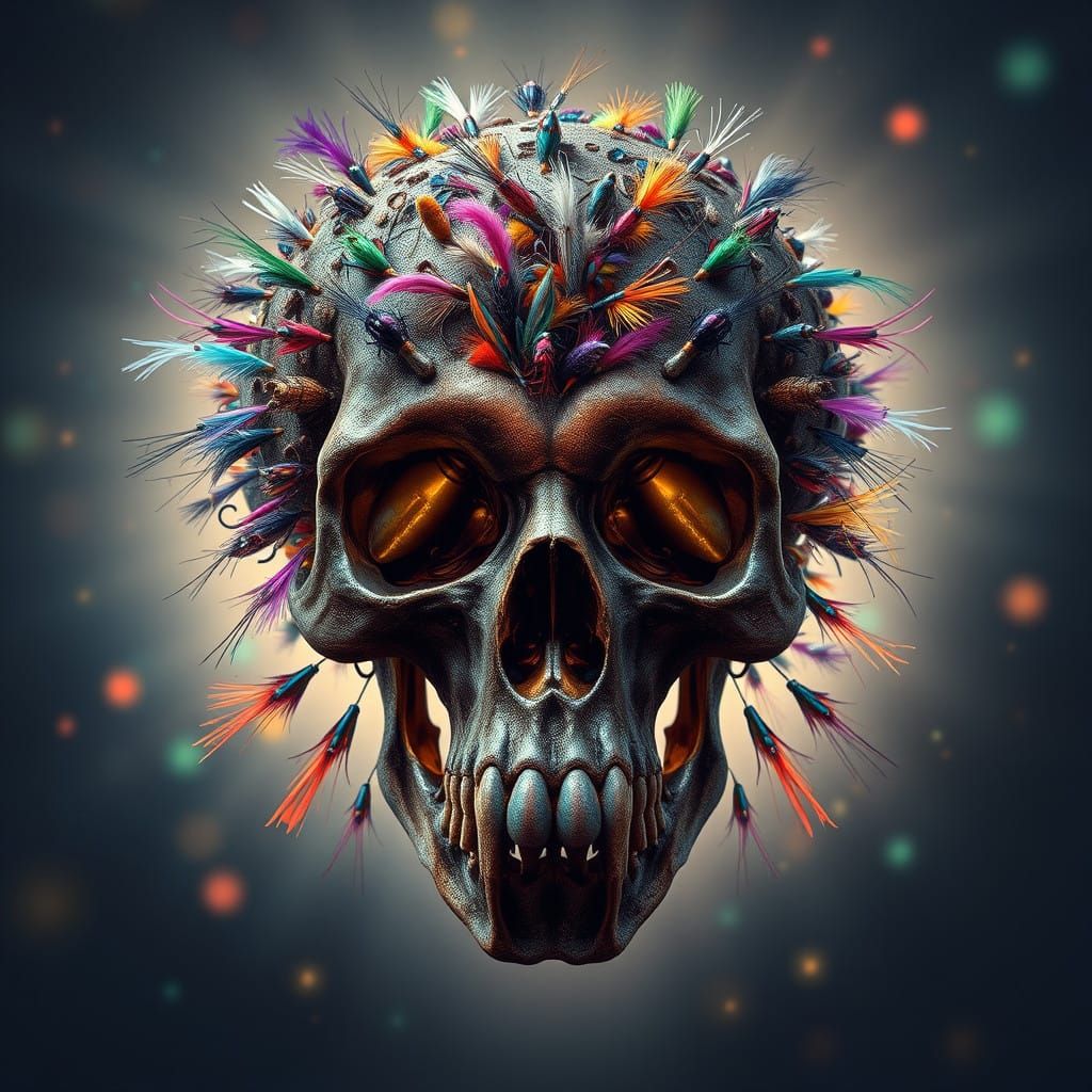 Majestic Fly Fishing Skull in Surreal, Matte Painting Style