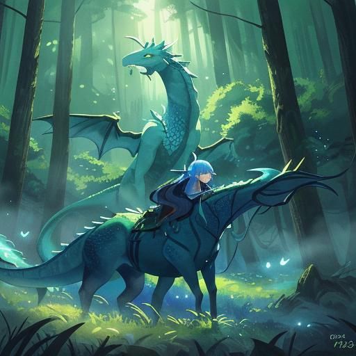 Majestic Dragon Girl Flies Over Magic Forest