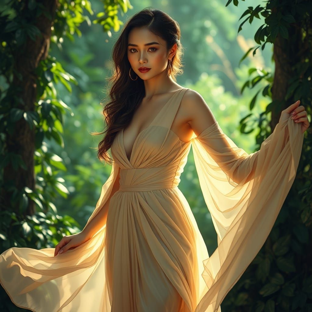 Elegant Woman in Lush Greenery: Romantic Photorealism