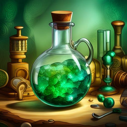 Emerald Liquid in Flask: Detailed Digital Painting