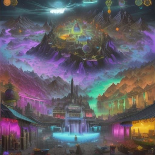 Alien Market with Glowing Fruits and Neon Lights