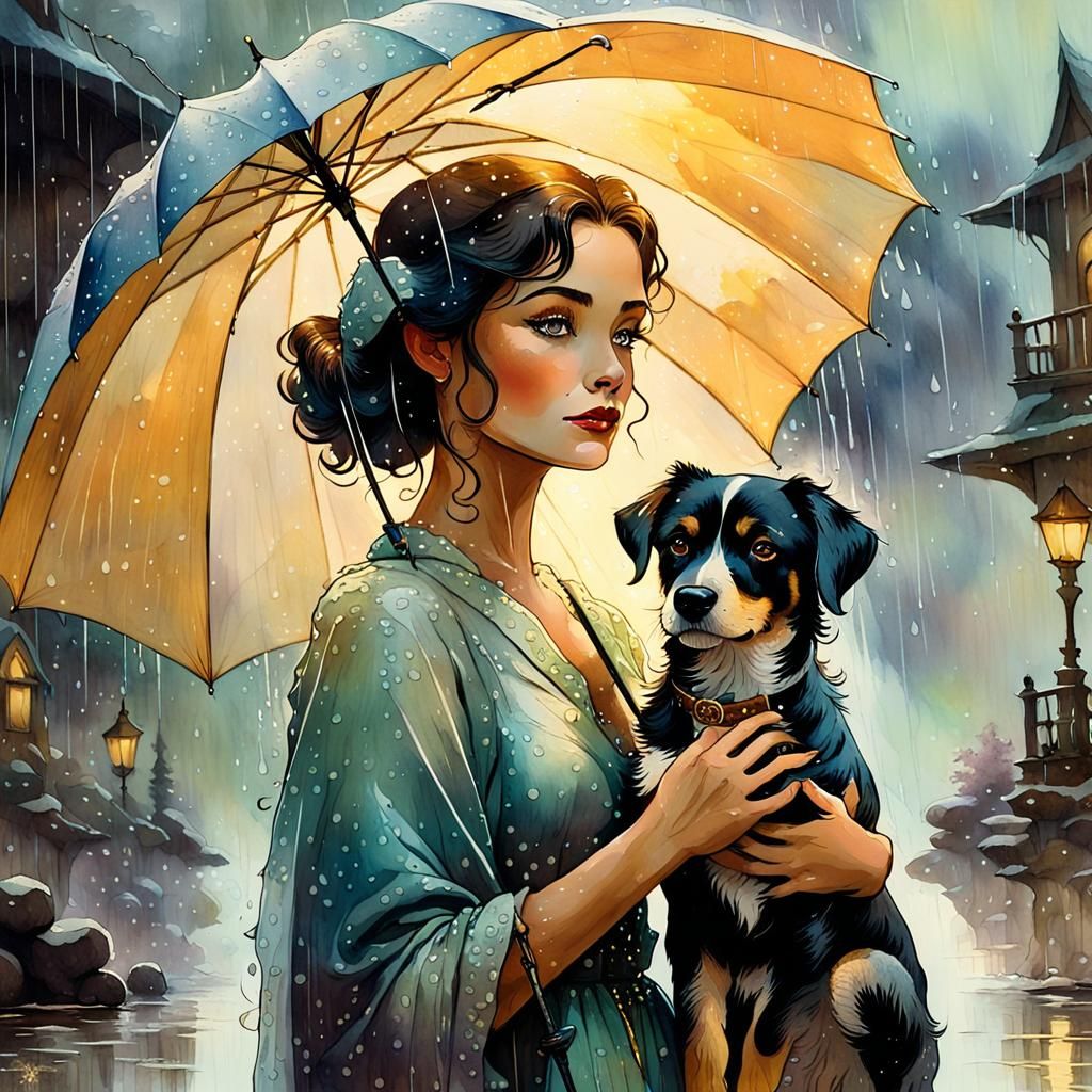Woman with Dog in Rainy Fantasy Art