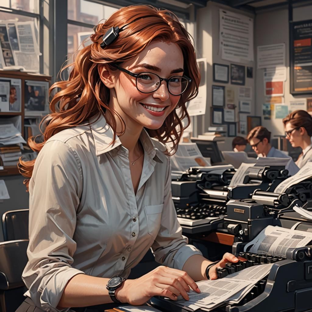 Smiling Woman at Newspaper Office: Hyperdetailed Portrait