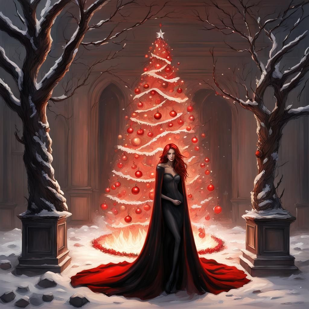 Christmas Sorceress in Dark Castle with Decorated Tree