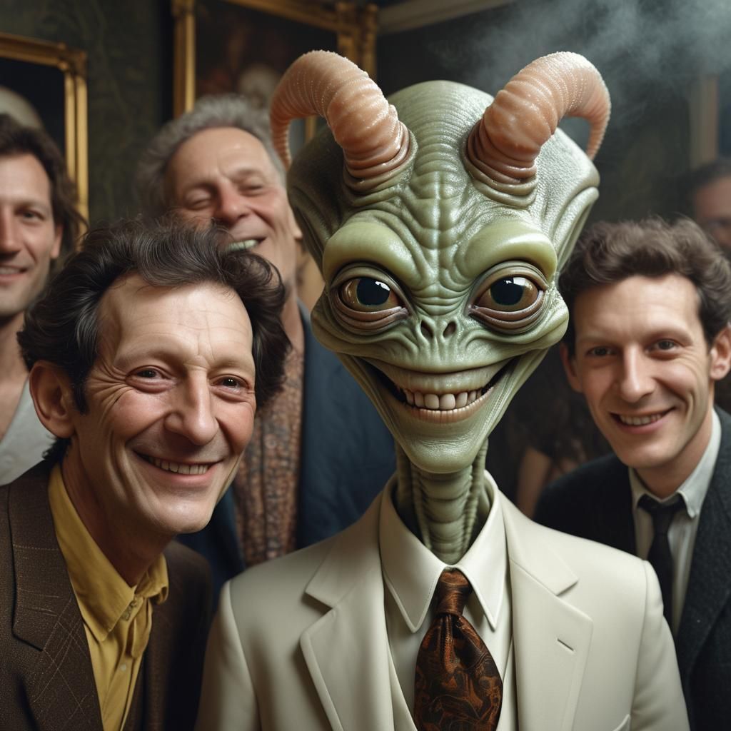 Smiling Aliens and Pets at a Bizarre Party