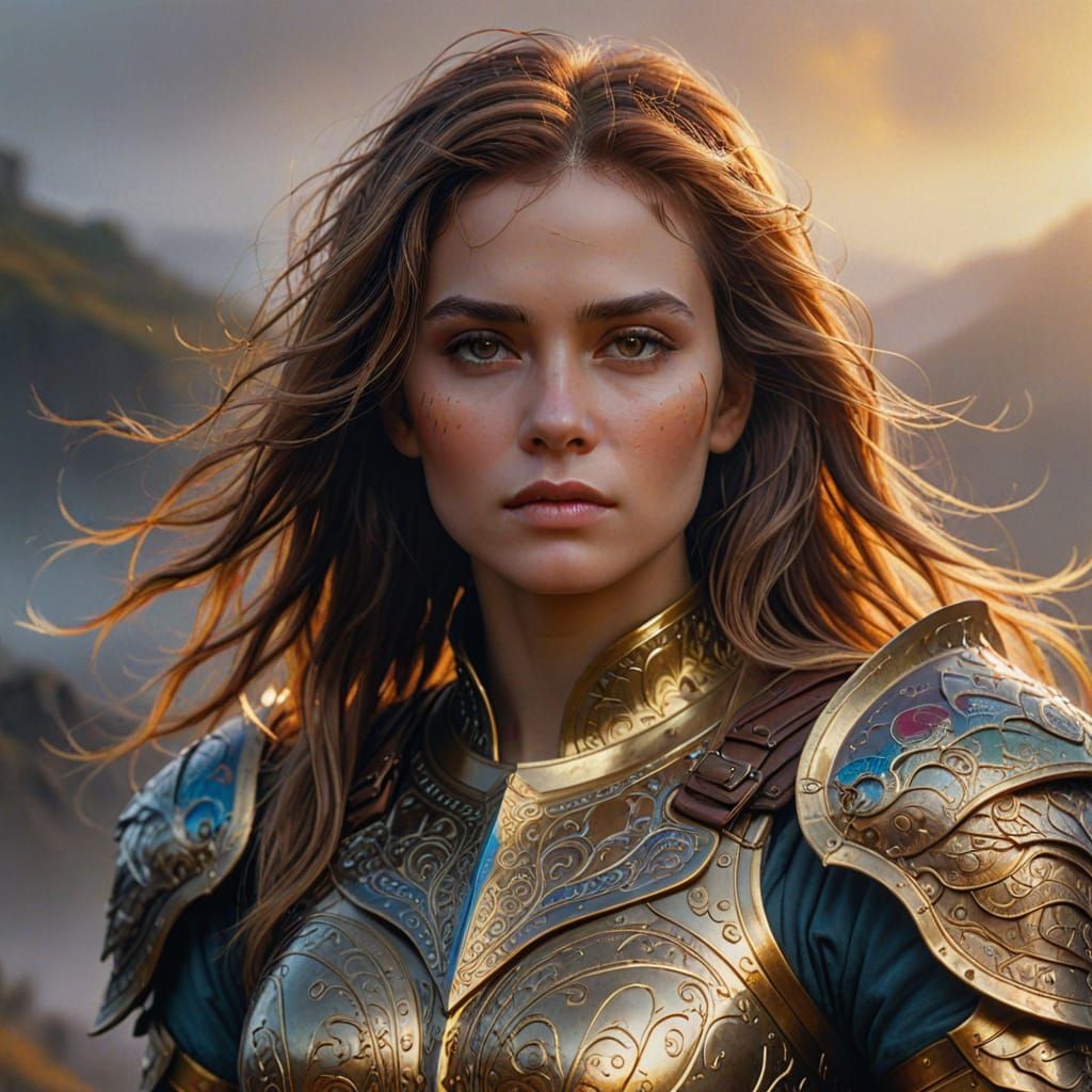 Armored Woman in Misty Landscape: Oil Painting