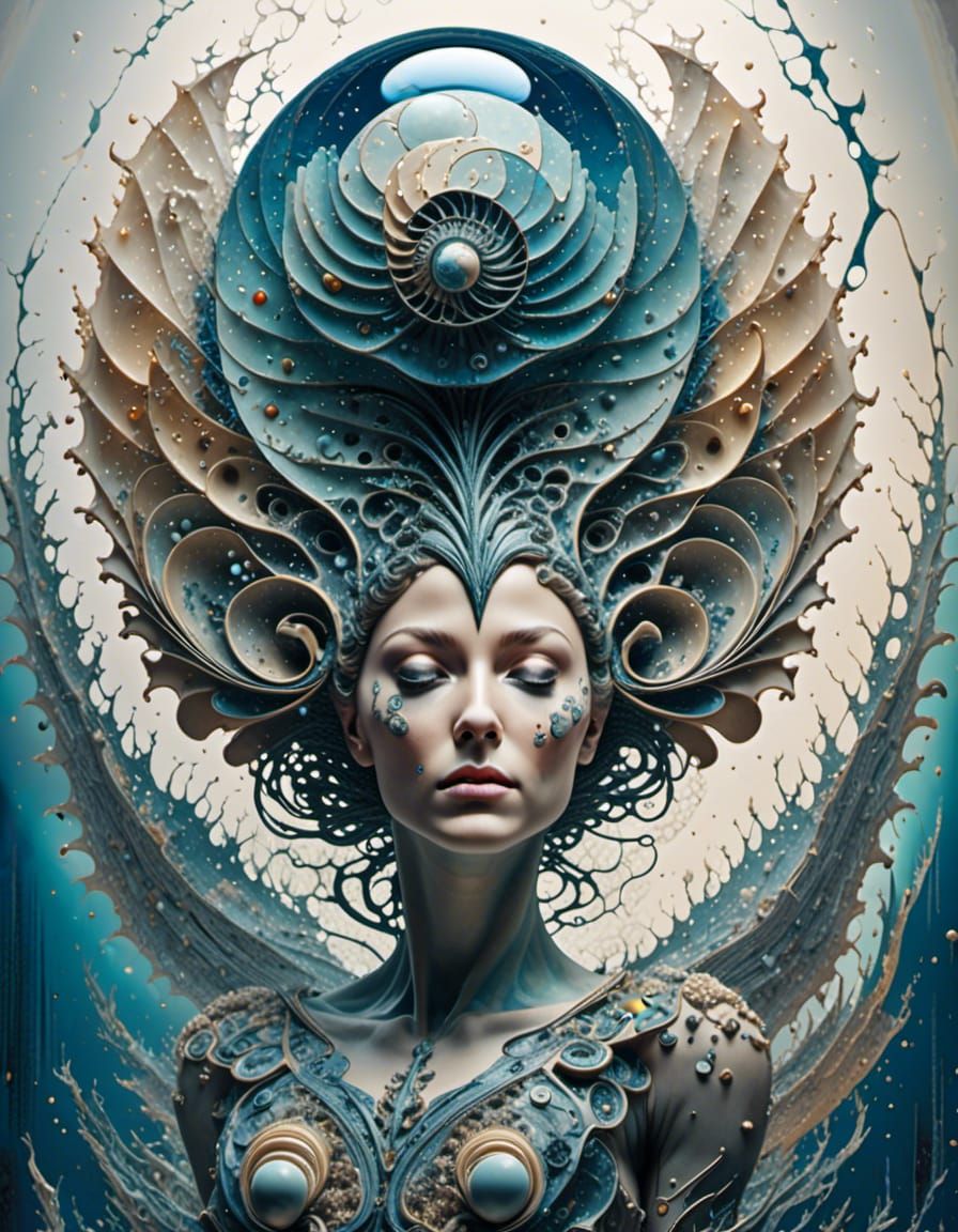 <lora:Mail Art:1.0> Full view 3D Mandelbulb Mercurified Nautilus Speckled Woman incredible sharpness, mind-blowing creat...