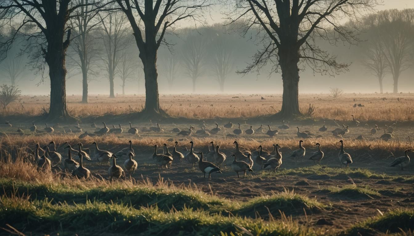 Geese in Stubble Field: Cinematic Landscape