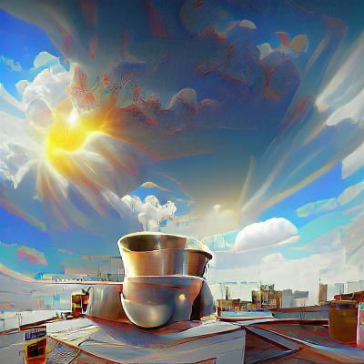 Morning Coffee on Rooftop: Detailed Mixed Media Art