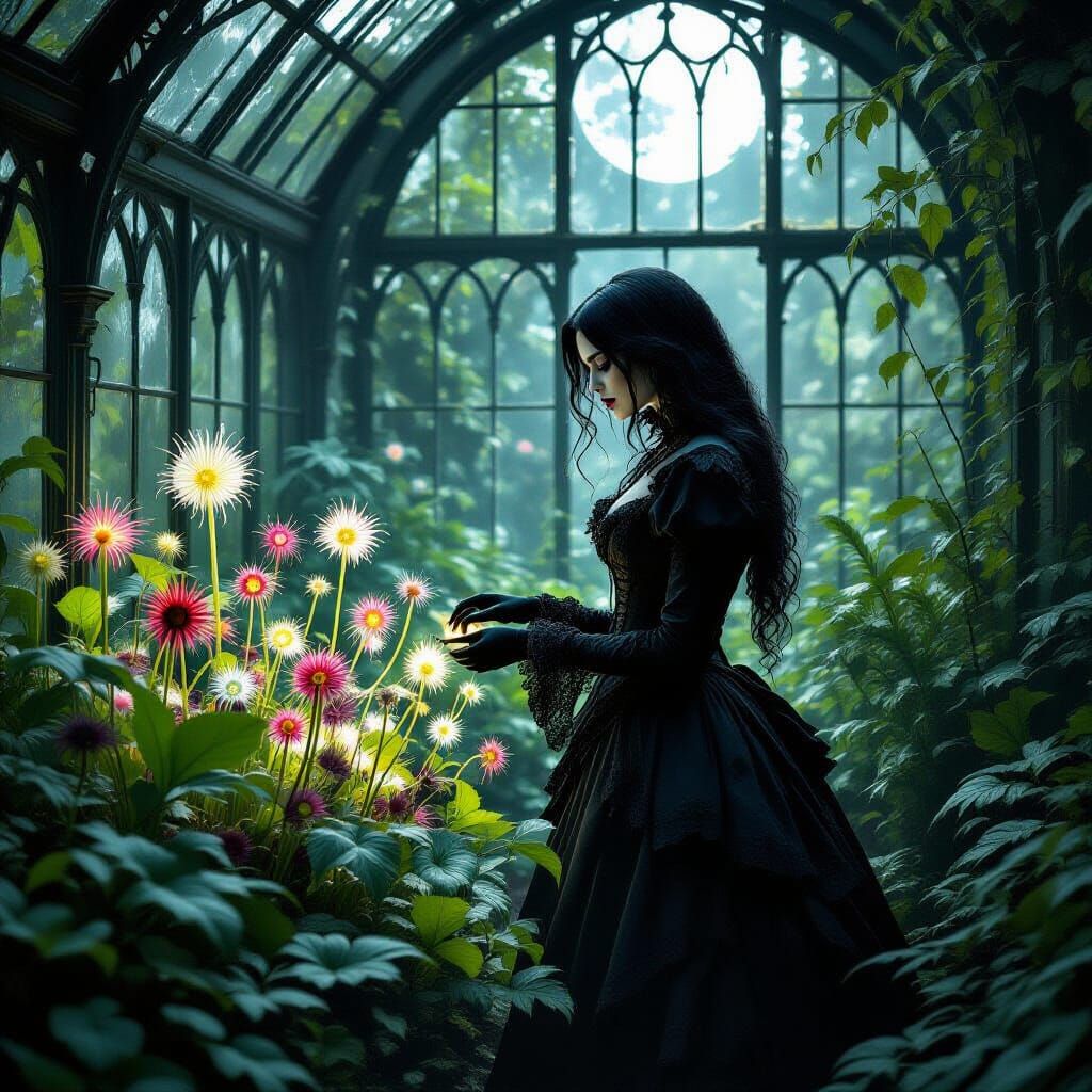 Gothic Woman and Bioluminescent Plants as Oil Painting