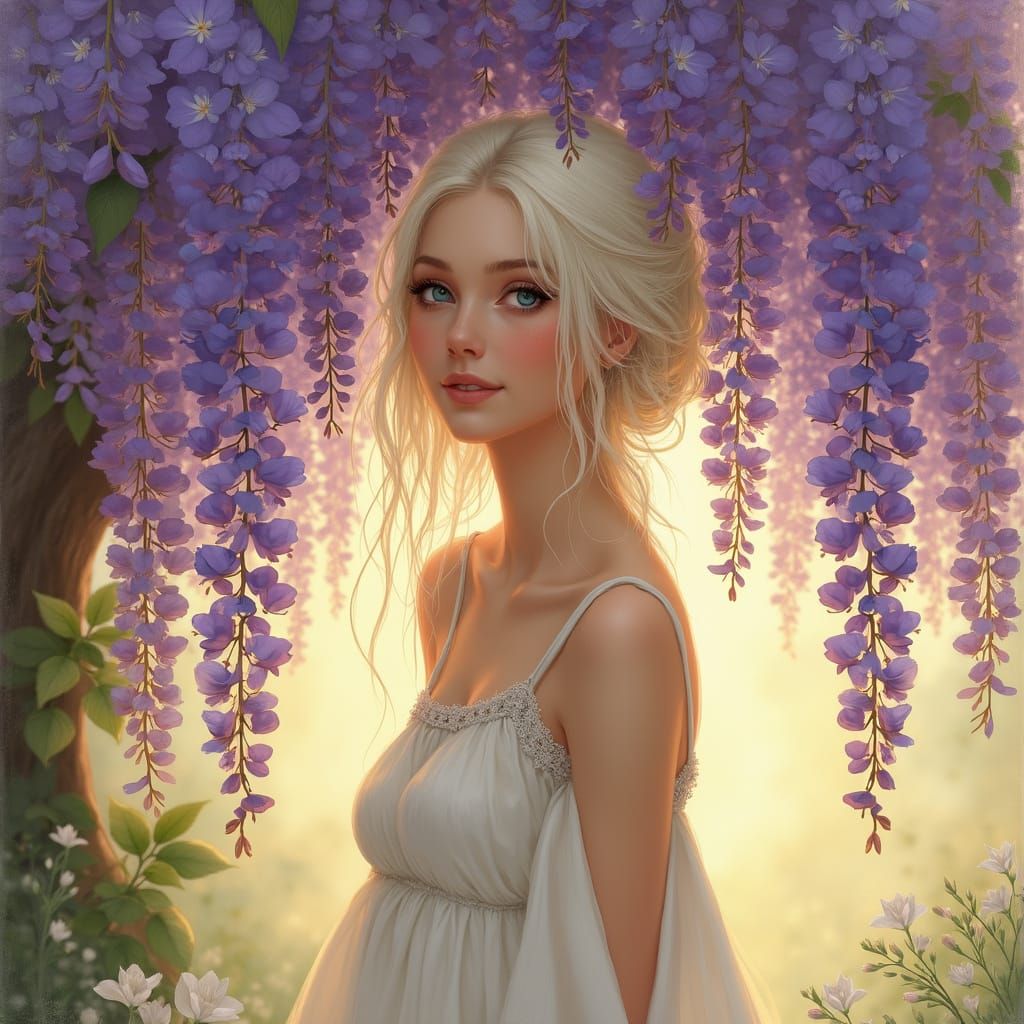 Ethereal Woman Under Wisteria in Whimsical Art Style